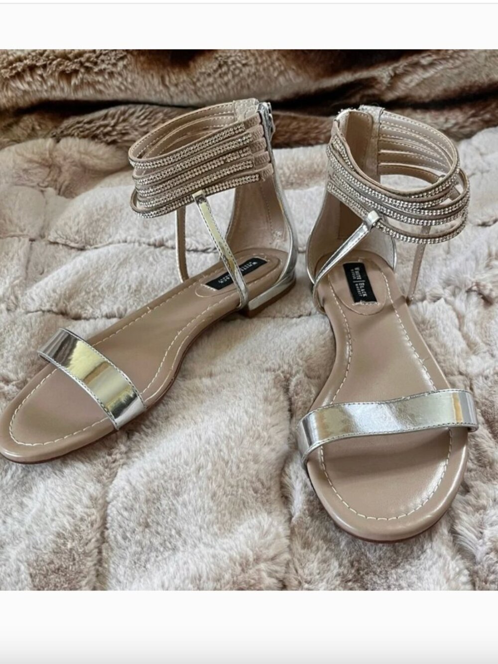 White House Black Market Silver Rhinestone Ankle Cuff Sandals - Size 6